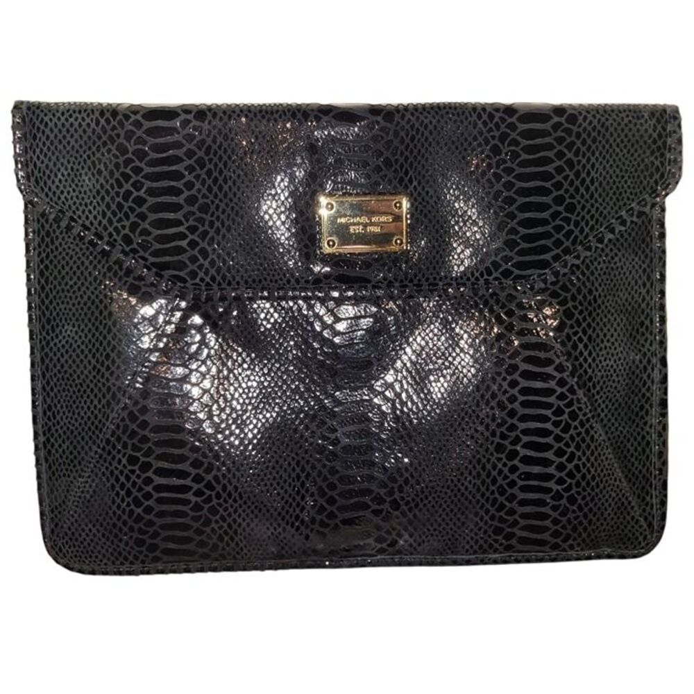 NEW Michael Kors IPad Sleeve /Oversived Clutch Black Python Emb Leather 14"x 10"
